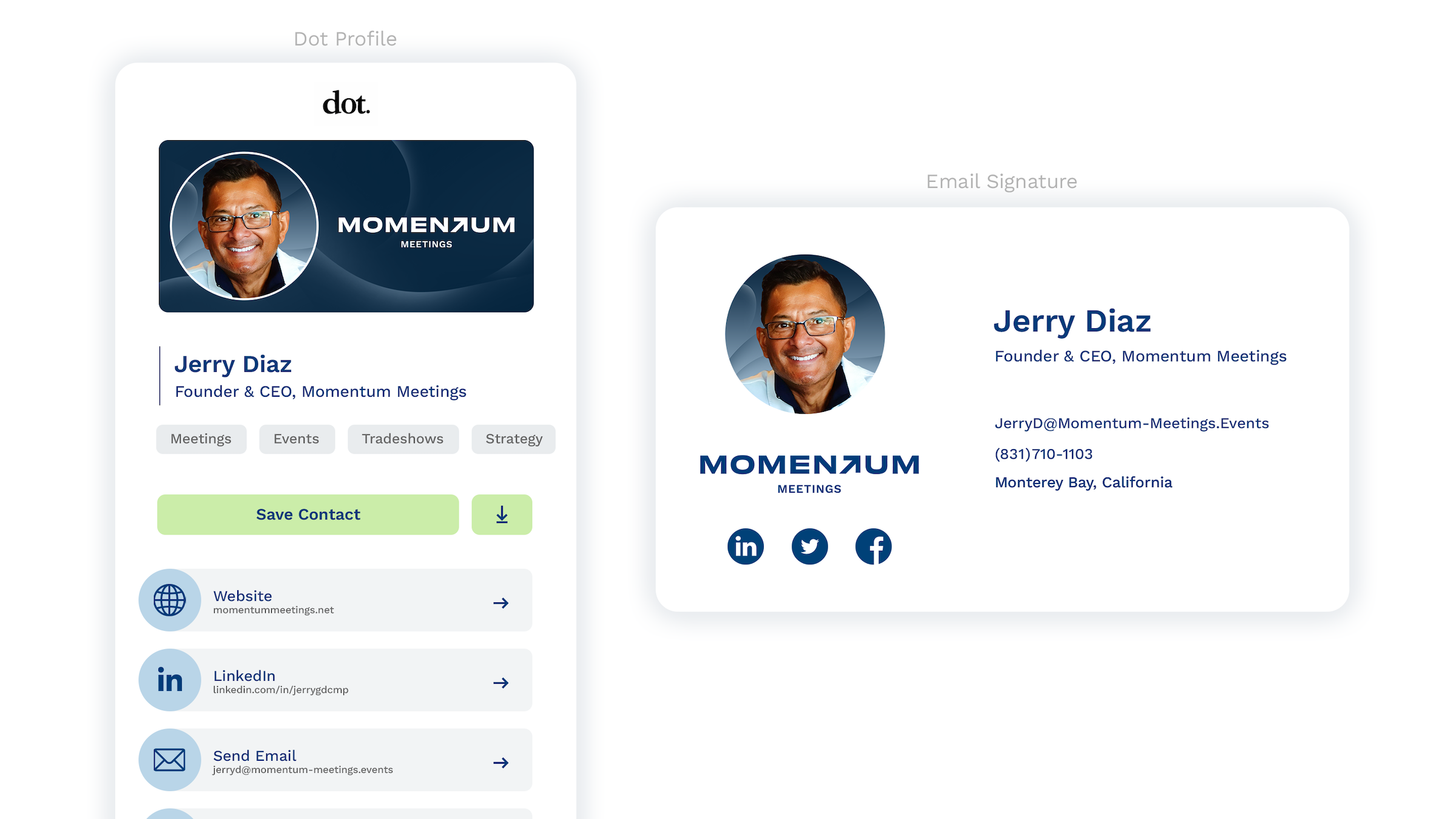 A snapshot of a branded Dot Card profile and customized email signature